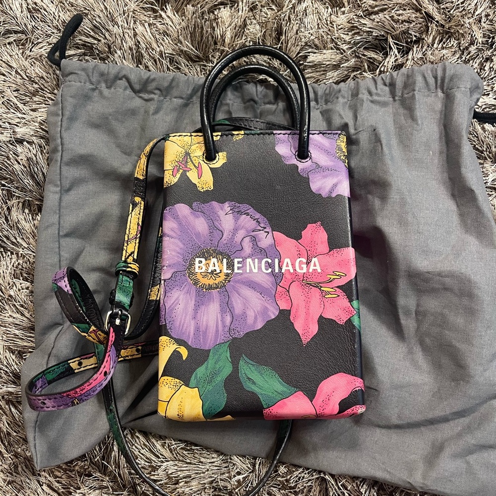 Balenciaga Smooth Calfskin Floral Shop Logo Shopping Phone Holder Bag